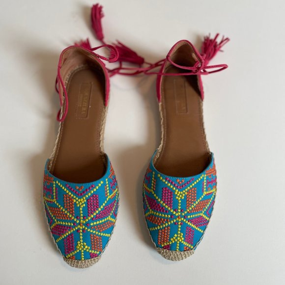 NEW Aquazzura Palm Springs Tassel Espadrille Sandals Size 38 Pink Blue S… - Picture 1 of 6